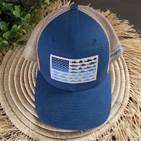 COLUMBIA Men’s PFG Mesh Snapback Fish Flag Hat Carbon/Ancient Fossil Blue Tan OS - Picture 1 of 16